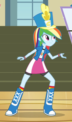 Size: 498x849 | Tagged: safe, screencap, rainbow dash, human, equestria girls, g4, my little pony equestria girls: friendship games, boots, bracelet, chs rally song, clothes, female, hat, jewelry, shoes, skirt, smiling, socks, solo, wristband