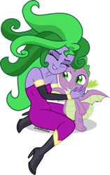 Size: 1920x3065 | Tagged: safe, artist:limedazzle, mane-iac, spike, dragon, equestria girls, g4, power ponies (episode), bare shoulders, equestria girls-ified, hug, show accurate, simple background, sleeveless, strapless, transparent background, unitard, vector, winged spike, wings