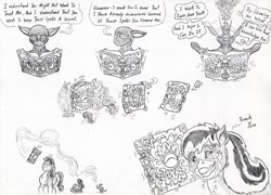 Size: 1024x739 | Tagged: safe, artist:grimmyweirdy, oc, oc:glyph, oc:grim w. stripes, oc:mivera, oc:necromomicon, pony, comic:grims weird adventures, black and white cartoon, book, crying, exclamation point, flying, glowing eyes, magic, magic book, monochrome, question mark, relief, surprised, tears of joy, tome, traditional art, worried