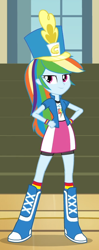 Size: 346x873 | Tagged: safe, screencap, rainbow dash, equestria girls, g4, my little pony equestria girls: friendship games, bedroom eyes, blue skin, boots, bracelet, chs rally song, clothes, compression shorts, cute, dashabetes, female, hand on hip, hat, indoors, jewelry, multicolored hair, pink eyes, rainbow hair, rainbow socks, sassy, shoes, shorts, shorts under skirt, skirt, socks, solo, striped socks, tomboy, wristband