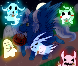 Size: 650x550 | Tagged: safe, artist:dranconiusadrill, oc, oc:fleurbelle, alicorn, ghost, pony, undead, alicorn oc, bow, candy, candy corn, female, food, gravestone, hair bow, halloween, holiday, horn, mare, moon, mouth hold, pumpkin bucket, trick or treat, wings, yellow eyes