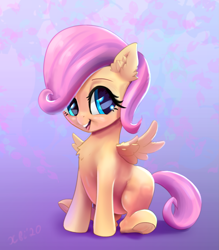 Size: 1513x1726 | Tagged: safe, artist:xbi, fluttershy, pegasus, pony, g4, abstract background, blank flank, cute, female, filly, filly fluttershy, looking at you, mare, open mouth, open smile, shyabetes, sitting, smiling, smiling at you, solo, spread wings, wings, younger