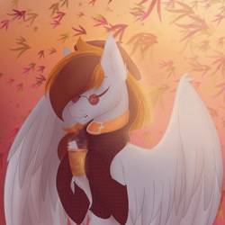 Size: 2048x2048 | Tagged: safe, artist:lunathemoongod, oc, oc only, oc:fweemy, pegasus, pony, autumn, beautiful, bust, clothes, coffee, collar, cup, ear fluff, eyes closed, female, glasses, high res, large wings, leaves, long mane, mare, pegasus oc, piercing, portrait, scarf, socks, solo, wings
