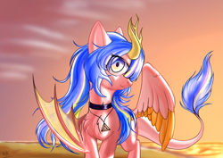 Size: 1839x1299 | Tagged: safe, artist:ktk's sky, oc, oc only, oc:sunlight wins, dragon, bat wings, beach, draconequus hybrid, female, horns, jewelry, mare, necklace, ocean, sky, solo, two toned wings, wind, wings