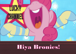 Size: 1187x839 | Tagged: safe, pinkie pie, earth pony, pony, g4, anime reference, clothes, lucky star, socks, solo, striped socks
