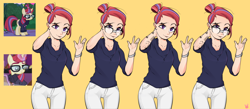 Size: 2982x1300 | Tagged: safe, artist:sugarelement, moondancer, human, pony, unicorn, g4, alternate hairstyle, clothes, colored, cute, dancerbetes, female, glasses, glowing horn, hair bun, horn, humanized, jeans, jewelry, magic, mare, necklace, pants, screencap reference, simple background, solo, sweater, tattoo, watch, wristwatch, yellow background