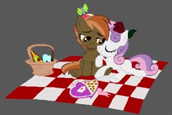 Size: 800x538 | Tagged: safe, artist:definitelynotme, artist:lockerobster, edit, button mash, sweetie belle, earth pony, pony, unicorn, g4, 1000 hours in ms paint, apple cider, colt, female, filly, hat, male, picnic, propeller hat, romance, ship:sweetiemash, shipping, straight
