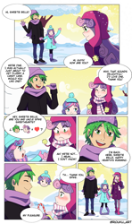 Size: 2122x3575 | Tagged: safe, artist:riouku, princess flurry heart, spike, sweetie belle, human, g4, candy, candy cane, chibi, clothes, comic, commission, dialogue, female, flurry the shipper, food, high res, humanized, male, ship:spikebelle, shipper on deck, shipping, snow, straight, text, uncle spike, winter, winter outfit
