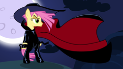 Size: 3433x1931 | Tagged: safe, artist:badumsquish, derpibooru exclusive, li'l cheese, earth pony, pony, g4, the last problem, alternate hairstyle, bipedal, cape, clothes, crossdressing, cybersix, frown, full moon, girly, hat, leather, leather gloves, makeup, male, moon, older, older li'l cheese, rooftop, show accurate, solo, stallion, standing, trap
