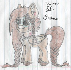 Size: 2264x2228 | Tagged: safe, artist:solder point, oc, oc only, pegasus, pony, braid, chest fluff, colored, cute, ear fluff, ear piercing, earring, eye clipping through hair, female, fluffy, folded wings, happy, high res, jewelry, leg fluff, mare, necklace, piercing, signature, smiling, solo, standing, traditional art, unshorn fetlocks, wings