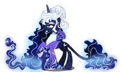 Size: 2700x1600 | Tagged: safe, artist:gihhbloonde, princess luna, pony, g4, alternate design, base used, closed mouth, clothes, crown, ear piercing, earring, ethereal mane, ethereal tail, eyeshadow, glowing, glowing mane, glowing tail, gradient mane, gradient tail, hair bun, hoof shoes, hooped earrings, jewelry, leonine tail, looking up, makeup, necklace, piercing, raised hoof, regalia, shirt, simple background, smiling, solo, sparkly mane, sparkly tail, standing, tail, transparent background, white-haired luna