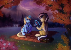 Size: 2048x1448 | Tagged: safe, artist:loonya, oc, oc only, oc:skydreams, oc:tenebris, pegasus, pony, unicorn, artificial wings, augmented, autumn, bag, blanket, evening, food, horn, lake, looking at each other, mountain, pegasus oc, picnic, picnic blanket, scenery, sitting, talking, tea, tree, unicorn oc, wings