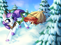Size: 4000x3000 | Tagged: safe, artist:faline-art, rarity, pony, unicorn, g4, antlers, bells, female, hearth's warming eve, looking back, mare, pine tree, pulling, sleigh, smiling, solo, tree