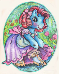 Size: 1540x1925 | Tagged: safe, artist:sharkledog, oc, oc only, earth pony, pony, g3, bipedal, bloomers, blushing, clothes, dress, earth pony oc, female, lipstick, open mouth, open smile, smiling, solo, traditional art
