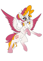 Size: 1029x1455 | Tagged: safe, artist:calena, oc, oc only, oc:opalescent, pegasus, pony, 2021 community collab, derpibooru community collaboration, adorable face, colored wings, cute, female, freckles, looking at you, mare, multicolored wings, open mouth, simple background, smiling, solo, spread wings, transparent background, wings