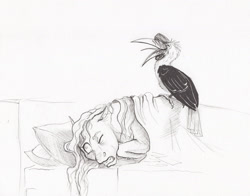 Size: 2000x1569 | Tagged: safe, artist:lady-limule, oc, oc only, bird, pony, bed, inktober 2017, lineart, monochrome, sleeping, traditional art