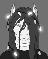 Size: 800x972 | Tagged: safe, artist:imreer, oc, oc only, earth pony, pony, bust, choker, christmas, christmas lights, clothes, earth pony oc, grayscale, hair over one eye, holiday, monochrome, solo