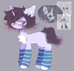 Size: 1773x1709 | Tagged: safe, artist:astralblues, oc, oc only, pony, unicorn, bags under eyes, blushing, chest fluff, clothes, ear fluff, fluffy, glasses, hoof fluff, leg fluff, leg warmers, looking away, pale belly, ponysona, shy, skinny, thin, white belly