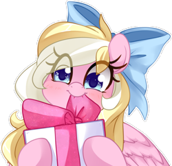 Size: 1121x1083 | Tagged: safe, artist:loyaldis, oc, oc only, oc:bay breeze, pegasus, pony, blushing, bow, commission, cute, eye clipping through hair, female, hair bow, looking at you, mare, mouth hold, ocbetes, present, simple background, solo, transparent background, ych result