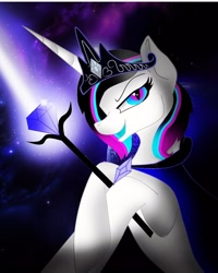Size: 1000x1250 | Tagged: safe, artist:rxndxm.artist, oc, oc only, oc:shooting star, pony, unicorn, evil grin, female, grin, horn, jewelry, mare, scepter, smiling, solo, tiara, unicorn oc
