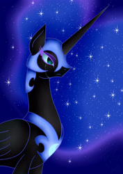 Size: 2893x4092 | Tagged: safe, artist:minelvi, nightmare moon, alicorn, pony, g4, ethereal mane, female, helmet, mare, peytral, simple background, solo, starry mane