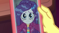 Size: 1920x1080 | Tagged: safe, screencap, rarity, vignette valencia, equestria girls, equestria girls series, g4, inclement leather, cellphone, female, inclement leather: vignette valencia, makeup, marshmelodrama, mascarity, phone, rarity being rarity, running makeup, smartphone