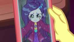 Size: 1920x1080 | Tagged: safe, screencap, rarity, vignette valencia, equestria girls, equestria girls series, g4, inclement leather, spoiler:eqg series (season 2), female, inclement leather: vignette valencia, makeup, marshmelodrama, mascarity, phone, rarity being rarity, running makeup, solo