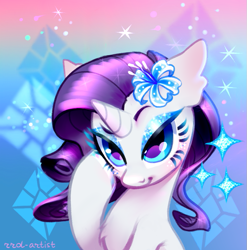 Size: 771x780 | Tagged: safe, artist:rrd-artist, part of a set, rarity, pony, unicorn, g4, abstract background, bust, chest fluff, colored hooves, cute, cutie mark background, eyelashes, eyeshadow, female, flower, flower in hair, gradient background, hoof polish, lidded eyes, makeup, mare, raribetes, sitting, smiling, solo, sparkles