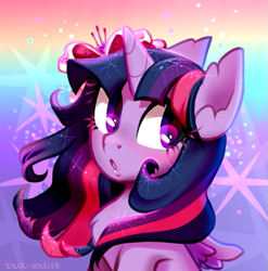 Size: 771x780 | Tagged: safe, artist:rrd-artist, part of a set, twilight sparkle, alicorn, pony, g4, :o, bust, chest fluff, cute, ear fluff, female, flower, flower in hair, mare, open mouth, solo, twiabetes, twilight sparkle (alicorn)