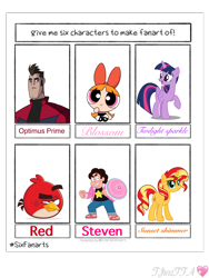 Size: 1536x2048 | Tagged: safe, artist:tj102tfa, sunset shimmer, twilight sparkle, alicorn, bird, cardinal, gem (race), human, hybrid, pony, unicorn, g4, spoiler:steven universe, angry birds, angry birds toons, blossom (powerpuff girls), bow, bust, clothes, crossover, female, hair bow, humanized, male, mare, optimus prime, powerpuff girls 2016, red bird, shield, simple background, six fanarts, spoilers for another series, steven quartz universe, steven universe, steven universe future, the powerpuff girls, transformers, transparent background, twilight sparkle (alicorn)