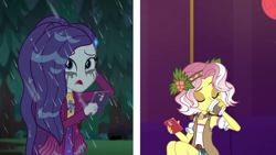 Size: 1920x1080 | Tagged: safe, screencap, rarity, vignette valencia, equestria girls, g4, inclement leather, inclement leather: vignette valencia, my little pony equestria girls: better together, cellphone, duo, duo female, female, food, phone, smartphone, split screen, tea, wet, wet hair, wet hairity