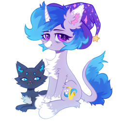 Size: 1200x1200 | Tagged: safe, artist:astralblues, oc, oc only, oc:astral blues, cat, pony, unicorn, 2021 community collab, derpibooru community collaboration, chest fluff, curved horn, ear fluff, female, fluffy, hat, hoof fluff, horn, leg fluff, leonine tail, looking at you, mare, pale belly, pet, purple eyes, simple background, sitting, transparent background