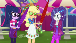Size: 1920x1080 | Tagged: safe, screencap, applejack, rarity, sci-twi, twilight sparkle, equestria girls, g4, inclement leather, inclement leather: vignette valencia, my little pony equestria girls: better together, umbrella
