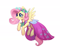 Size: 2229x1896 | Tagged: safe, artist:lunnita_pony, fluttershy, pegasus, pony, a canterlot wedding, g4, alternate hairstyle, bridesmaid dress, bridesmaid fluttershy, clothes, cute, dress, female, flutterbeautiful, mare, shyabetes, simple background, smiling, solo, white background