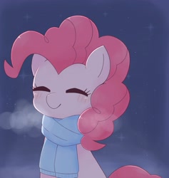 Size: 1941x2048 | Tagged: dead source, safe, artist:ginmaruxx, pinkie pie, earth pony, pony, g4, blushing, breath, bust, clothes, cute, diapinkes, eyes closed, female, mare, night, scarf, smiling, solo, stars, winter