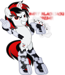 Size: 5006x5734 | Tagged: safe, artist:php178, derpibooru exclusive, oc, oc only, oc:blackjack, cyborg, pony, unicorn, fallout equestria, fallout equestria: project horizons, series:blackjack friday, 10 of spades, 2020, ace of spades, alternate hairstyle, amputee, belly button, bipedal, black friday, card, cybernetic legs, determined, fanfic art, female, happy black friday, happy black friday 2020, jack of spades, king of spades, level 1 (project horizons), mare, playing card, queen of spades, rearing, royal flush, scratch (font), simple background, smiling, smiling at you, solo, spades, standing, standing on two hooves, transparent background, vector
