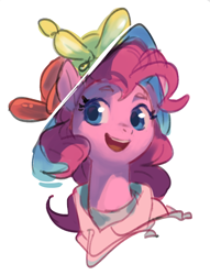 Size: 610x799 | Tagged: safe, artist:luciferamon, pinkie pie, earth pony, pony, g4, balloon, balloon hat, bust, clothes, cute, diapinkes, female, hat, hoodie, mare, open mouth, portrait, simple background, solo, white background, wip