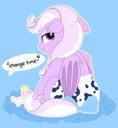 Size: 1892x2048 | Tagged: safe, artist:duckie, oc, oc only, oc:sapphire sunset, bat pony, pony, adult foal, back, bat pony oc, bat wings, bow, diaper, diaper fetish, female, fetish, lego, looking at you, looking back, non-baby in diaper, pouting, solo, wings