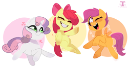 Size: 6847x3602 | Tagged: safe, artist:t-whiskers, apple bloom, scootaloo, sweetie belle, earth pony, pegasus, pony, unicorn, g4, absurd resolution, blank flank, bow, cute, cutie mark crusaders, eyes closed, female, filly, hair bow, heart, one eye closed, open mouth, smiling, trio, wink