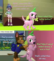 Size: 1920x2160 | Tagged: safe, artist:red4567, sci-twi, spike, spike the regular dog, twilight sparkle, dog, german shepherd, human, equestria girls, g4, 3d, against wall, arrested, chase (paw patrol), crossover, missing accessory, paw patrol, police officer, source filmmaker, tempting fate