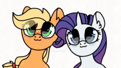 Size: 1280x720 | Tagged: safe, artist:valkiria, derpibooru exclusive, applejack, rarity, earth pony, pony, unicorn, g4, :p, animated, big eyes, cute, duo, duo female, female, flipaclip, frame by frame, gif, horn, jackabetes, mlem, raribetes, silly, silly pony, simple background, tongue out, white background