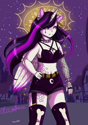Size: 1240x1754 | Tagged: safe, artist:brot-art, princess celestia, alicorn, anthro, between dark and dawn, g4, alternate hairstyle, clothes, female, fishnet stockings, garter belt, goth, hand on hip, horn, human facial structure, midriff, night, outdoors, punklestia, socks, solo, stars, thigh highs, wings