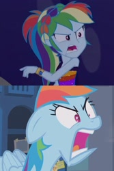 Size: 1526x2289 | Tagged: safe, screencap, rainbow dash, pegasus, pony, equestria girls, equestria girls series, g4, parental glideance, spring breakdown, spoiler:eqg series (season 2), angry, argument, clothes, comparison, cruise outfit, dress, female, geode of super speed, locker room, magical geodes, quiet, rage, ragebow dash, sleeveless, solo, stop, yelling