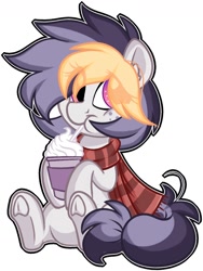 Size: 1088x1448 | Tagged: safe, artist:missbramblemele, oc, oc only, oc:liquorice sweet, earth pony, pony, clothes, commission, cup, drink, drinking, drinking straw, eye clipping through hair, female, freckles, looking at you, mare, scarf, simple background, smiling, solo, underhoof, white background, ych result