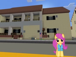 Size: 2048x1536 | Tagged: safe, artist:magister39, artist:topsangtheman, pursey pink, earth pony, pony, g4, house, looking at you, minecraft, solo
