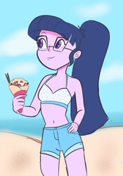 Size: 1024x1462 | Tagged: safe, artist:pettypop, sci-twi, twilight sparkle, equestria girls, beach, belly button, bikini, bikini top, clothes, cloud, cute, denim shorts, eyebrows, eyebrows visible through hair, female, food, glasses, hand on hip, happy, holding, ice cream, looking right, midriff, outdoors, ponytail, purple eyes, purple skin, sand, shorts, sleeveless, smiling, solo, strawberry, swimsuit, tomboy, twiabetes, water