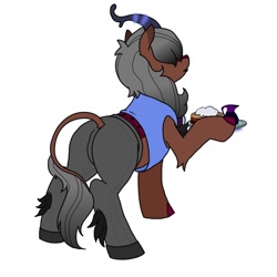 Size: 1200x1200 | Tagged: safe, artist:pony quarantine, oc, oc only, oc:kaumaha ekahi, kirin, butt, clothes, female, food, hair over eyes, hoof hold, kirin oc, pancakes, pants, plot, rear view, shirt, simple background, solo, waitress, whipped cream, white background