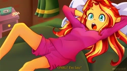 Size: 1480x830 | Tagged: safe, artist:meqiopeach, sunset shimmer, equestria girls, alarm clock, anime reference, anime style, arm behind head, bed, clock, clothes, curtains, female, indoors, little witch academia, multicolored hair, open mouth, pajamas, pillow, realization, shocked, shorts, sleep shorts, solo, sunset's apartment, ticket, tomboy, turquoise eyes, watermark, yellow skin