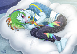 Size: 1200x848 | Tagged: safe, alternate version, artist:uotapo, rainbow dash, equestria girls, g4, my little pony equestria girls: better together, barefoot, beanbag, blushing, clothes, cloud, cute, dashabetes, drool, feet, female, missing shoes, sleeping, solo