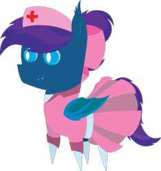 Size: 5699x6073 | Tagged: safe, artist:tikibat, derpibooru exclusive, oc, oc only, oc:stardust, oc:stardust(cosmiceclipse), bat pony, pony, bat pony oc, bat wings, bow, clothes, crossdressing, dress, ear fluff, eyeshadow, fangs, femboy, hair bow, makeup, male, membranous wings, nurse outfit, pleated skirt, ponytail, simple background, skirt, slit pupils, socks, solo, stallion, transparent background, wings